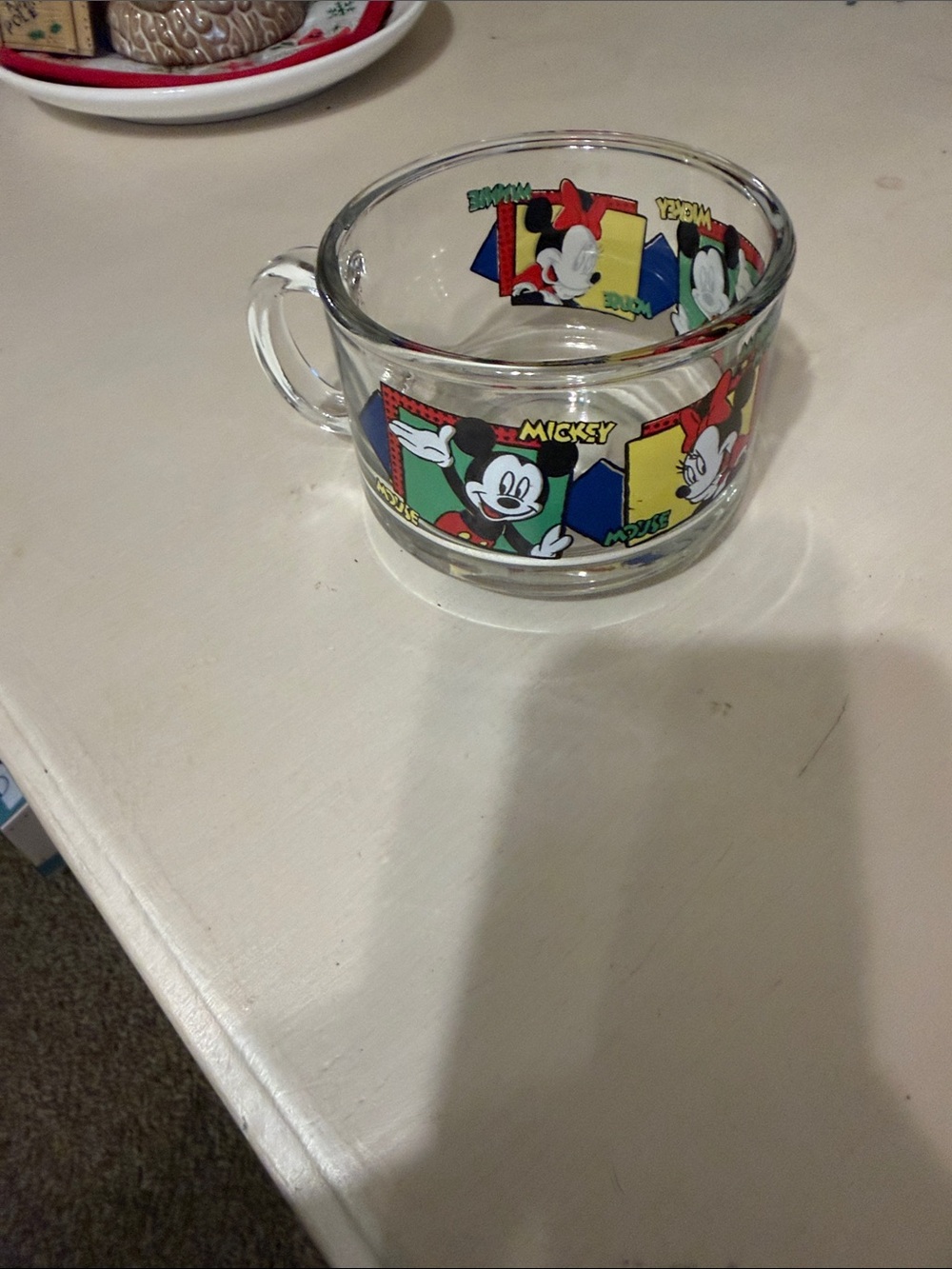 Vintage Mickey & Minnie Cartoon Glass Mug - Multicolor